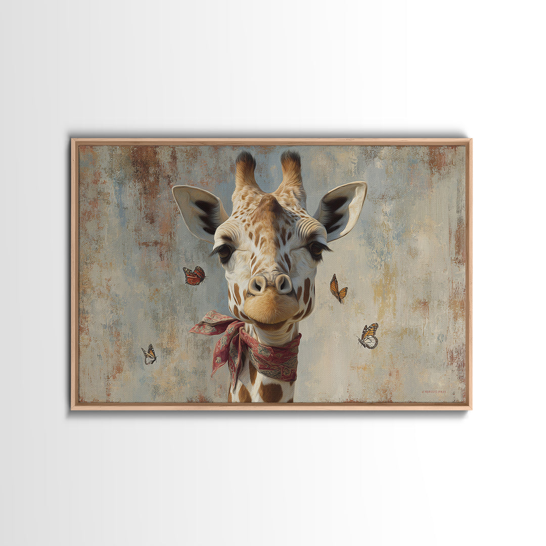 Giraffe with Scarf and Butterflies Framed Canvas Print, Whimsical Art, Framed Wall Art, Living Room Decor, Fine Art, Wonder, WHI-3x2-14