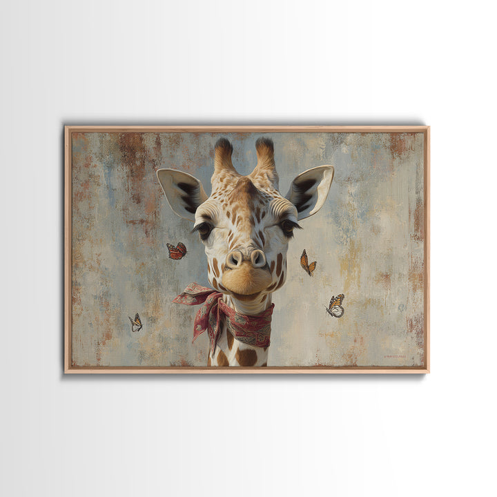 Giraffe with Scarf and Butterflies Framed Canvas Print, Whimsical Art, Framed Wall Art, Living Room Decor, Fine Art, Wonder, WHI-3x2-14