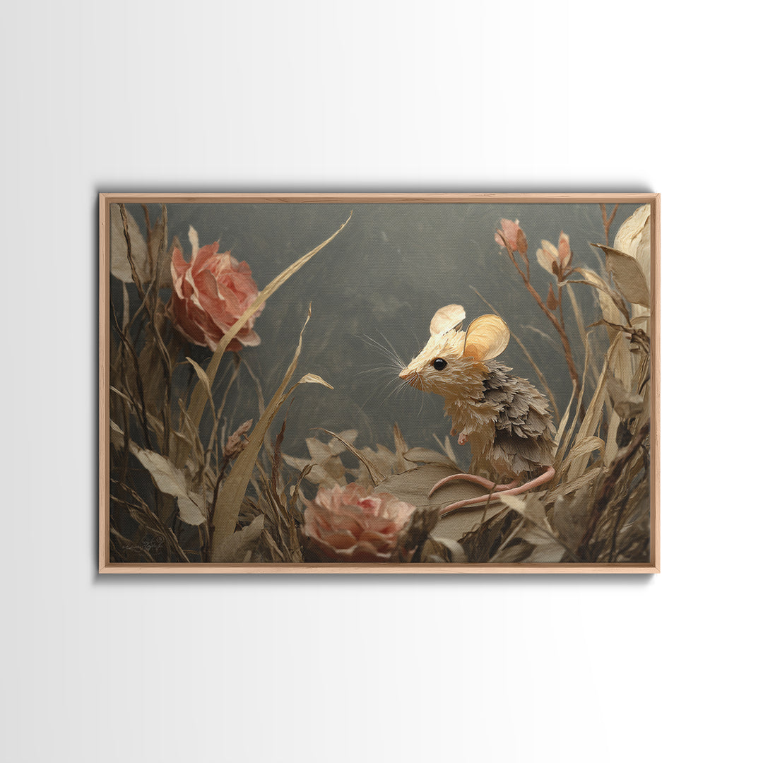Mouse Ballerina in a Rose Garden Framed Canvas Print, Whimsical Art, Abstract Wall Art, Living Room Decor, Watercolor Art, WHI-3x2-15