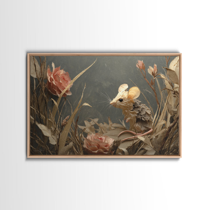 Mouse Ballerina in a Rose Garden Framed Canvas Print, Whimsical Art, Abstract Wall Art, Living Room Decor, Watercolor Art, WHI-3x2-15