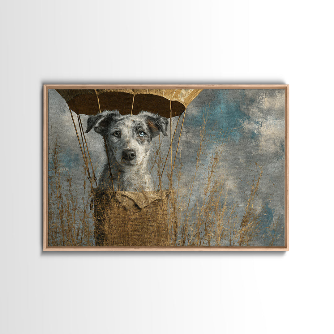 Dog in a Hot Air Balloon Framed Canvas Print, Whimsical Art, Digital Print, Living Room Decor, Fine Art, Wonder, Bird Art, WHI-3x2-18