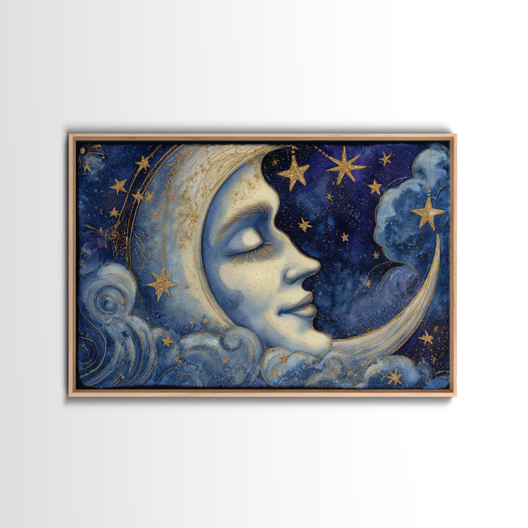 Moon with Sleeping Face and Dangling Stars Canvas Print, Whimsical Art, Nursery Wall Decor, Living Room Decor, Wonder, WHI-3x2-20