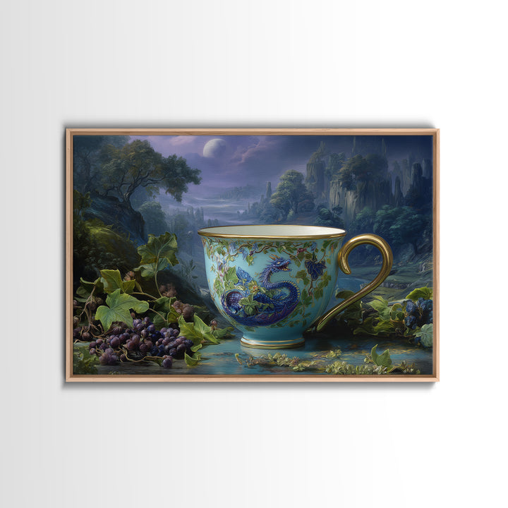 Dragon Curled Around a Teacup Framed Canvas Print, Whimsical Art, Dark Academia Decor, Living Room Decor, Fine Art, Wonder, WHI-3x2-28