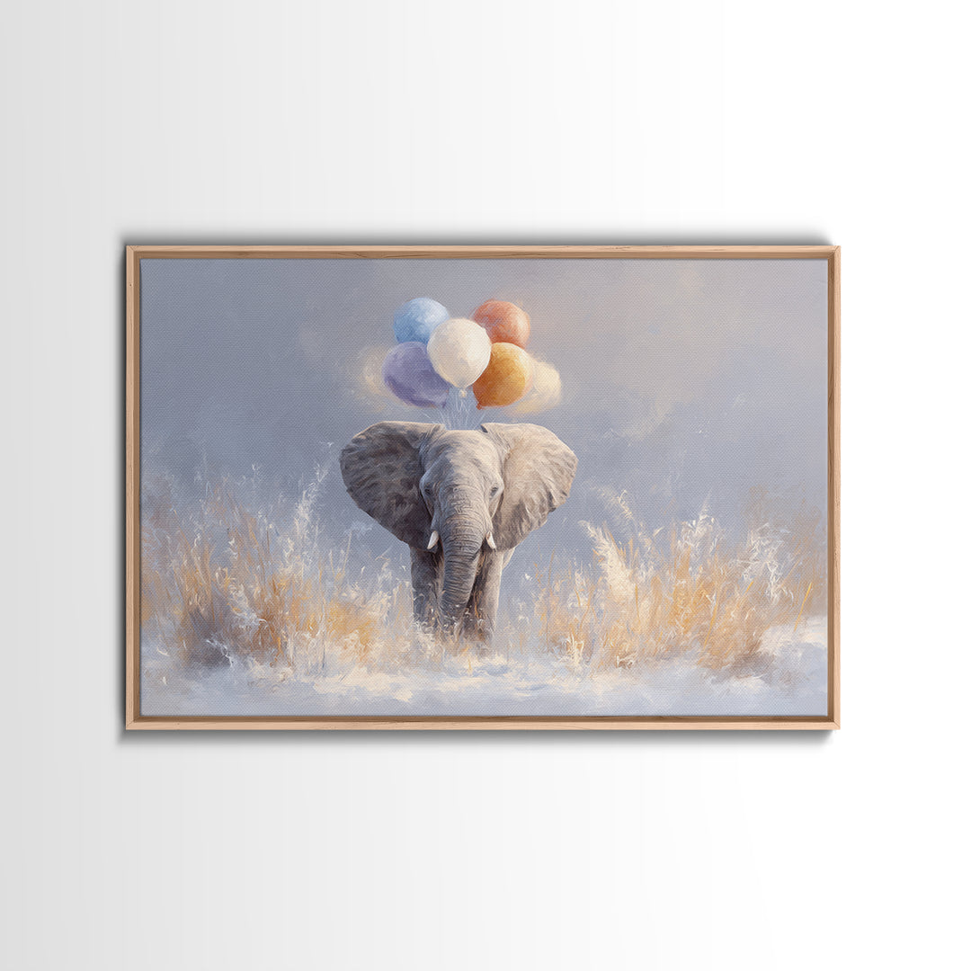 Elephant Holding Balloons Framed Canvas Print, Whimsical Art, Statement Artwork, Living Room Decor, Fine Art, Wonder, WHI-3x2-31
