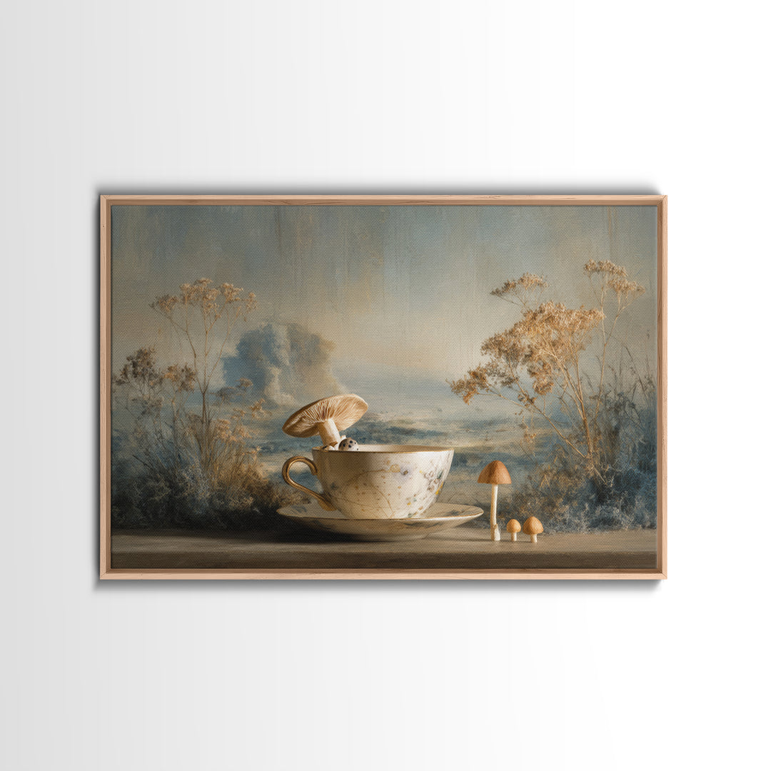 Teacup Garden with Tiny Mushrooms Canvas Print, Whimsical Art, Nursery Art, Living Room Decor, Oil Painting, Wonder, WHI-3x2-32