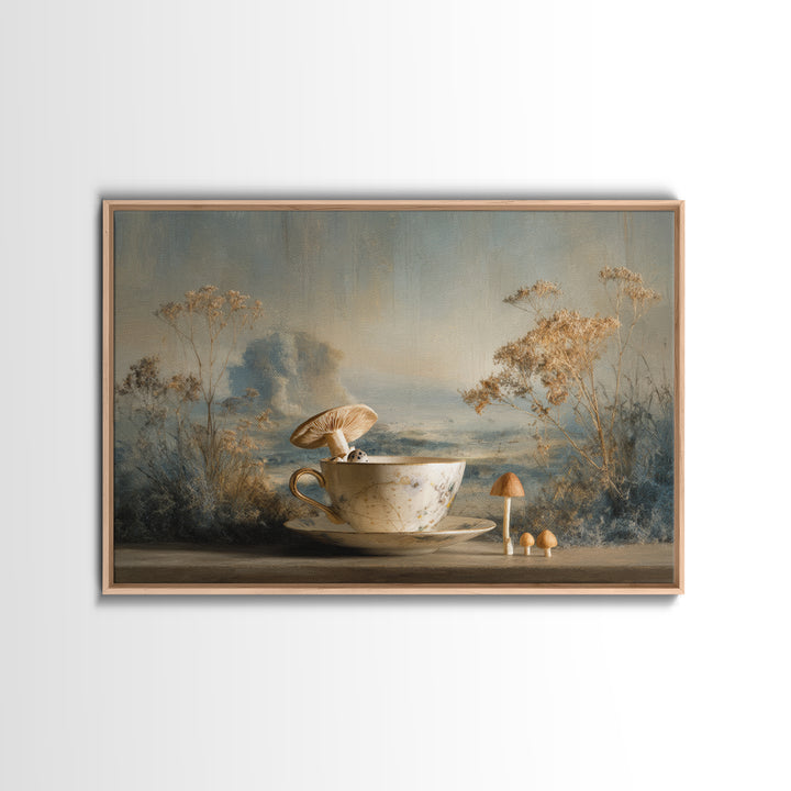 Teacup Garden with Tiny Mushrooms Canvas Print, Whimsical Art, Nursery Art, Living Room Decor, Oil Painting, Wonder, WHI-3x2-32