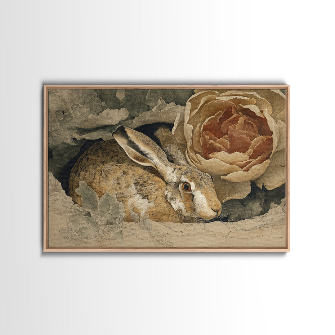 Rabbit Reading Beneath a Giant Flower Canvas Print, Whimsical Art, Cat Art, Living Room Decor, Watercolor Art, Wonder, WHI-3x2-33