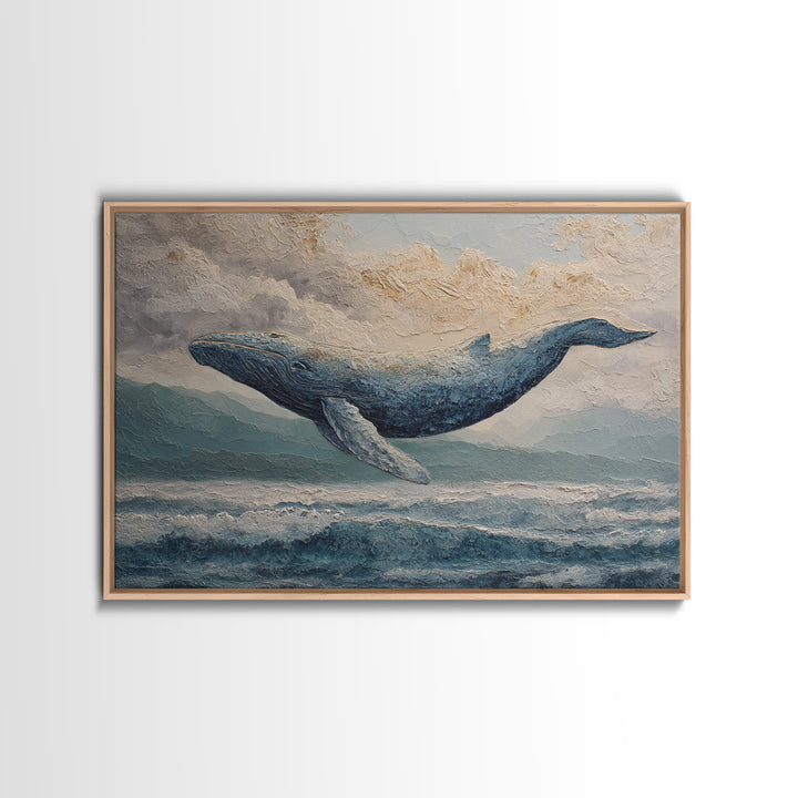 Whale Flying Through Clouds Like Ocean Framed Canvas Print, Whimsical Art, Watercolor Art, Living Room Decor, Wonder, WHI-3x2-41