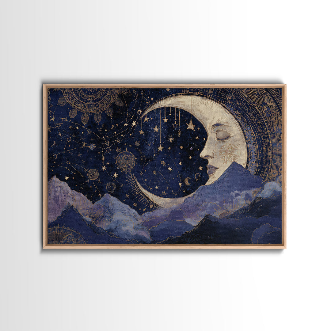 Moon with Sleeping Face and Dangling Stars Canvas Print, Whimsical Art, Watercolor Art, Living Room Decor, Fine Art, Wonder, WHI-3x2-44