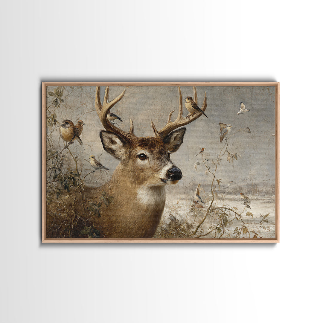 Deer with Antlers Full of Birds Framed Canvas Print, Whimsical Art, Printable Wall Art, Living Room Decor, Oil Painting, Wonder, WHI-3x2-47