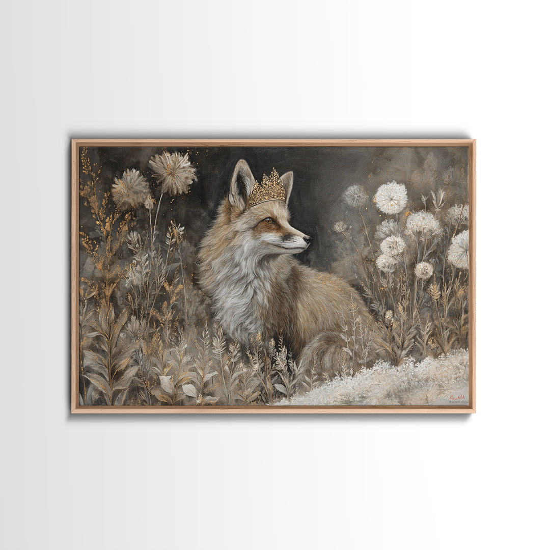 Fox Wearing a Tiny Crown Framed Canvas Print, Whimsical Art, Nursery Art, Living Room Decor, Oil Painting, Wonder, WHI-3x2-5