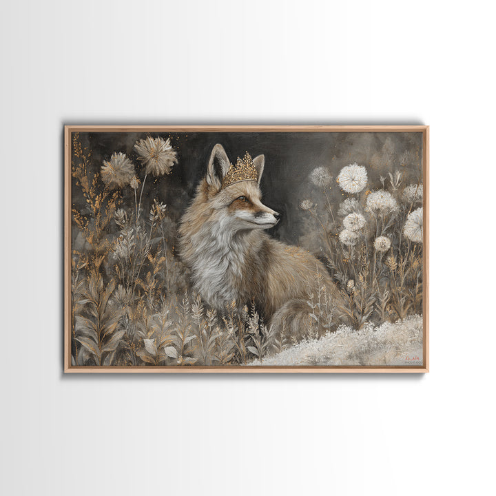 Fox Wearing a Tiny Crown Framed Canvas Print, Whimsical Art, Nursery Art, Living Room Decor, Oil Painting, Wonder, WHI-3x2-5