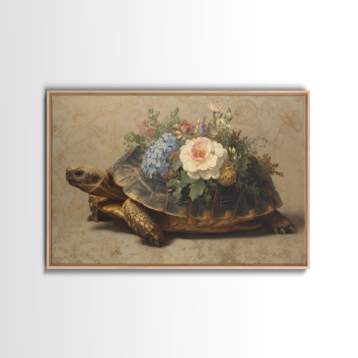 Turtle with Garden Growing on Shell Framed Canvas Print, Whimsical Art, Dopamine Decor, Living Room Decor, Fine Art, Wonder, WHI-3x2-50