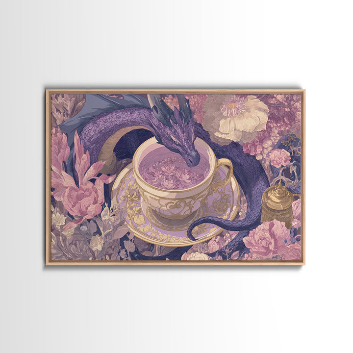 Dragon Curled Around a Teacup Canvas Print, Whimsical Art, Bird Art, Living Room Decor, Abstract Art, Wonder, Textured Painting, WHI-3x2-52