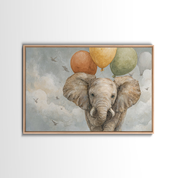 Elephant Holding Balloons Framed Canvas Print, Whimsical Art, Whimsical, Living Room Decor, Oil Painting, Wonder, Nursery Art, WHI-3x2-55