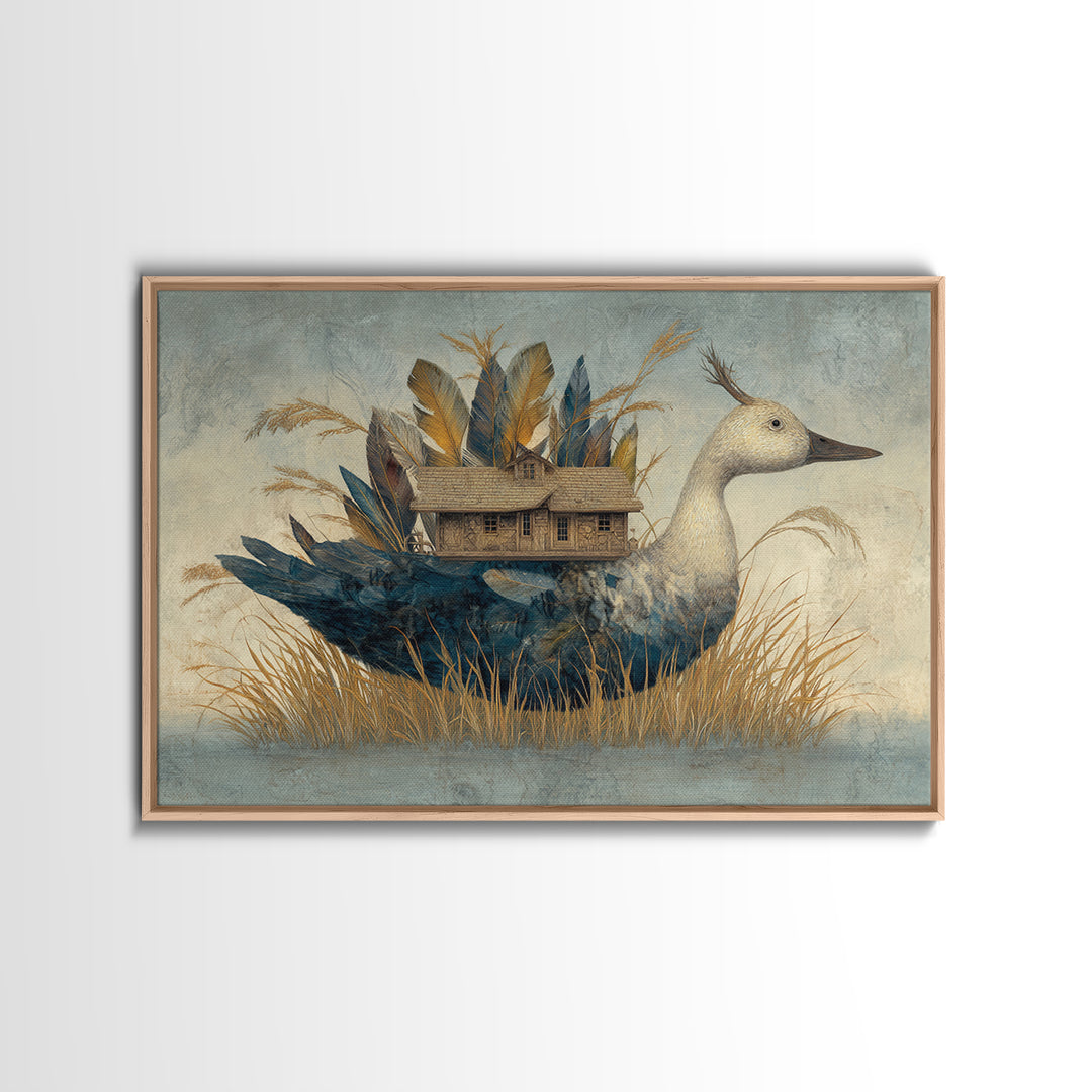 Floating House Carried by Colorful Birds Framed Canvas Print, Whimsical Art, Living Room Decor, Oil Painting, Wonder, WHI-3x2-59