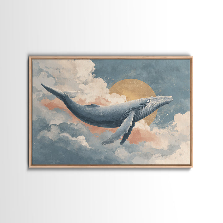 Whale Flying Through Clouds Like Ocean Framed Canvas Print, Whimsical Art, Watercolor Art, Living Room Decor, Wonder, WHI-3x2-65