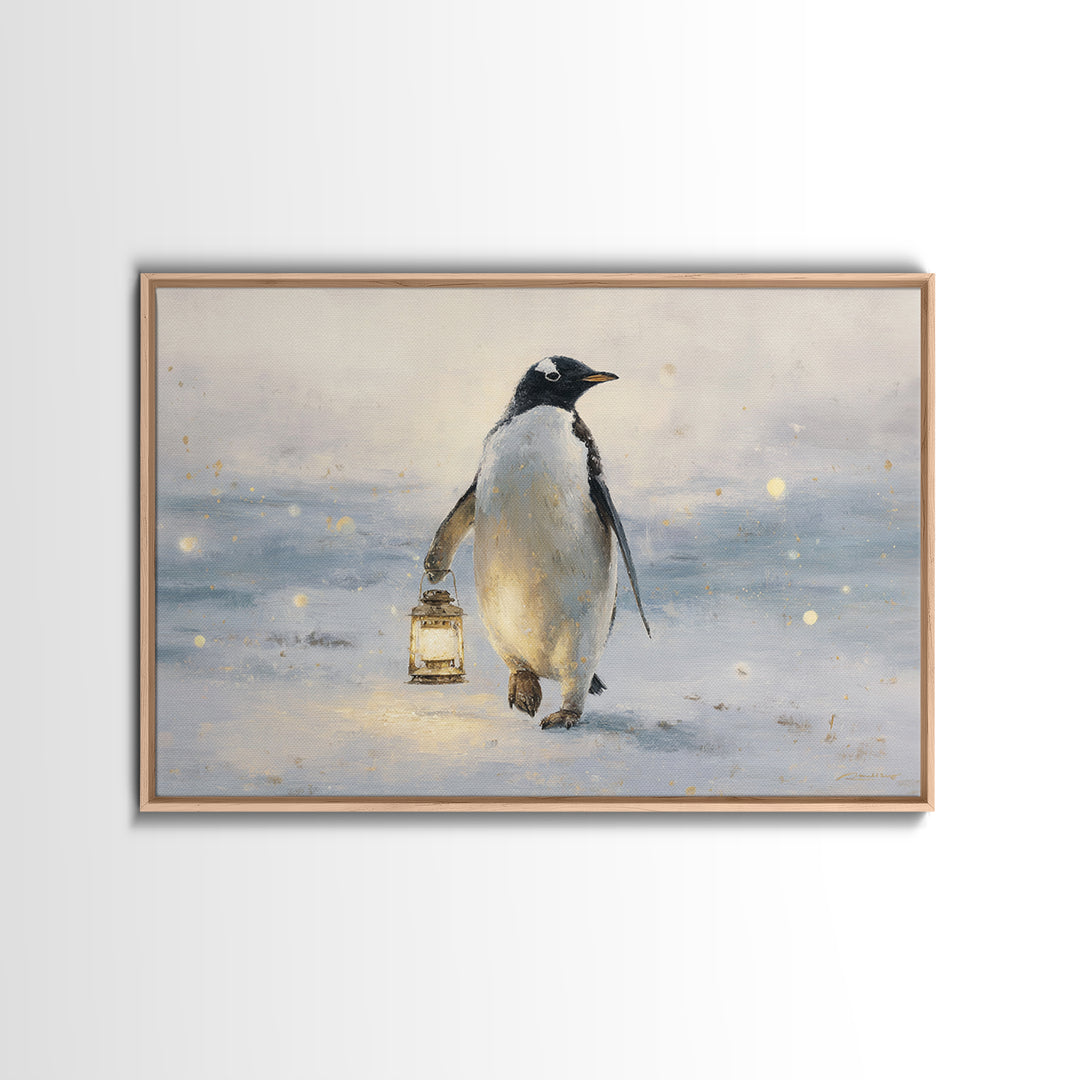 Penguin Holding a Lantern Framed Canvas Print, Whimsical Art, Gallery Decor, Living Room Decor, Fine Art, Wonder, Wall Art, WHI-3x2-69