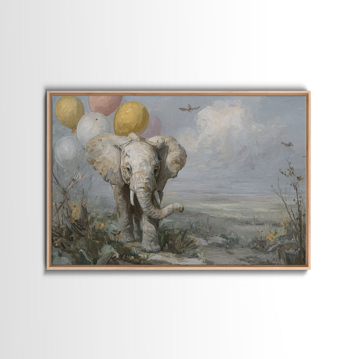 Elephant Holding Balloons Framed Canvas Print, Whimsical Art, Art Nouveau, Living Room Decor, Abstract Art, Wonder, WHI-3x2-7