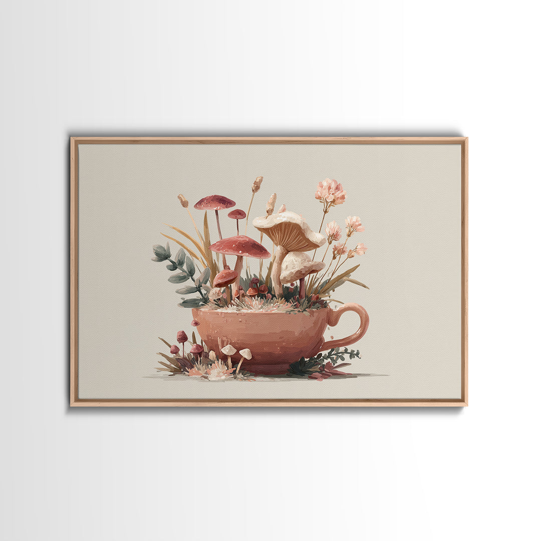 Teacup Garden with Tiny Mushrooms Framed Canvas Print, Whimsical Art, Dopamine Decor, Living Room Decor, Fine Art, Wonder, WHI-3x2-8