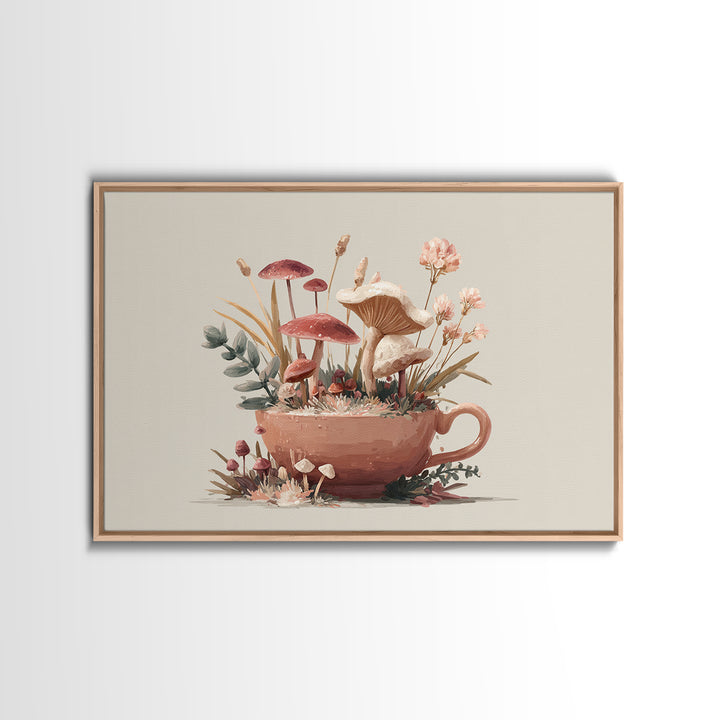 Teacup Garden with Tiny Mushrooms Framed Canvas Print, Whimsical Art, Dopamine Decor, Living Room Decor, Fine Art, Wonder, WHI-3x2-8