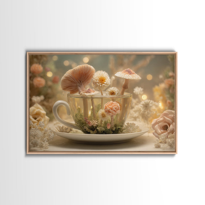 Teacup Garden with Tiny Mushrooms Framed Canvas Print, Whimsical Art, Home Decor, Living Room Decor, Fine Art, Wonder, WHI-3x2-80