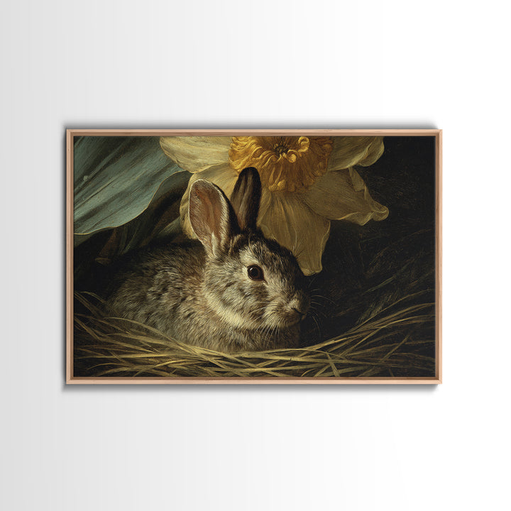 Rabbit Reading Beneath a Giant Flower Framed Canvas Print, Whimsical Art, Fine Art Print, Living Room Decor, Watercolor Art, WHI-3x2-81