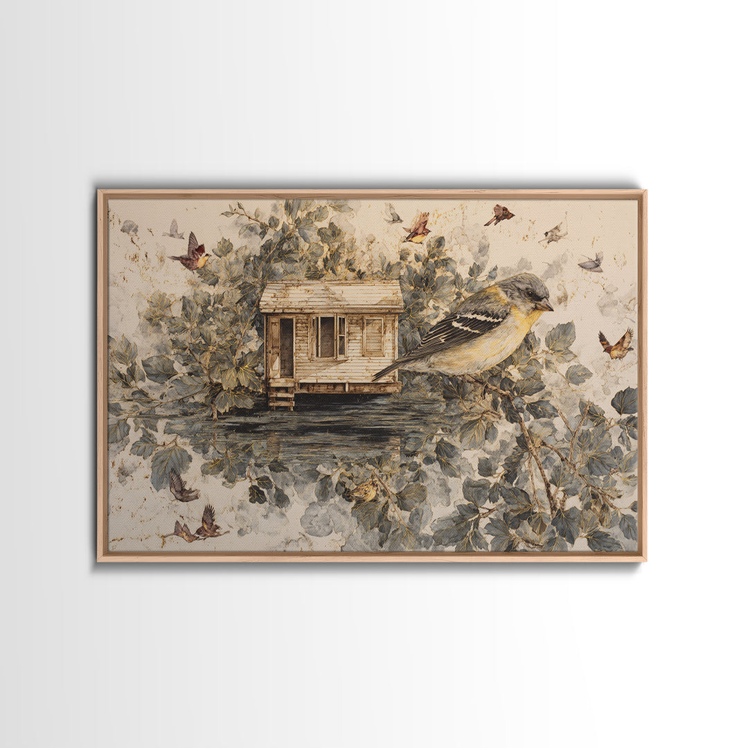 Floating House Carried by Colorful Birds Canvas Print, Whimsical Art, Framed Wall Art, Living Room Decor, Fine Art, Wonder, WHI-3x2-83