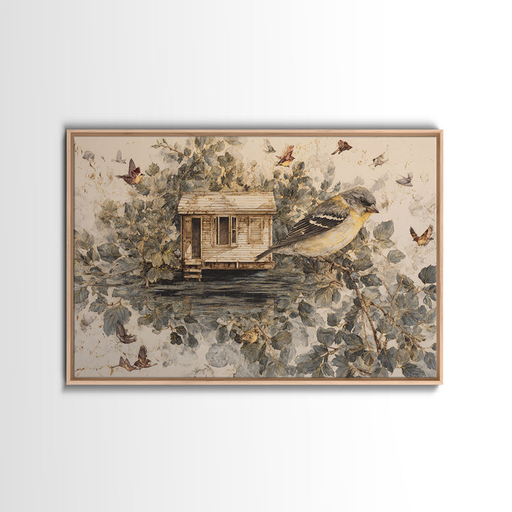 Floating House Carried by Colorful Birds Canvas Print, Whimsical Art, Framed Wall Art, Living Room Decor, Fine Art, Wonder, WHI-3x2-83