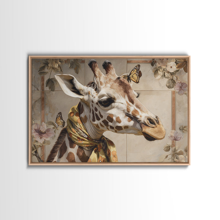 Giraffe with Scarf and Butterflies Framed Canvas Print, Whimsical Art, Nursery Wall Decor, Living Room Decor, Fine Art, Wonder, WHI-3x2-86