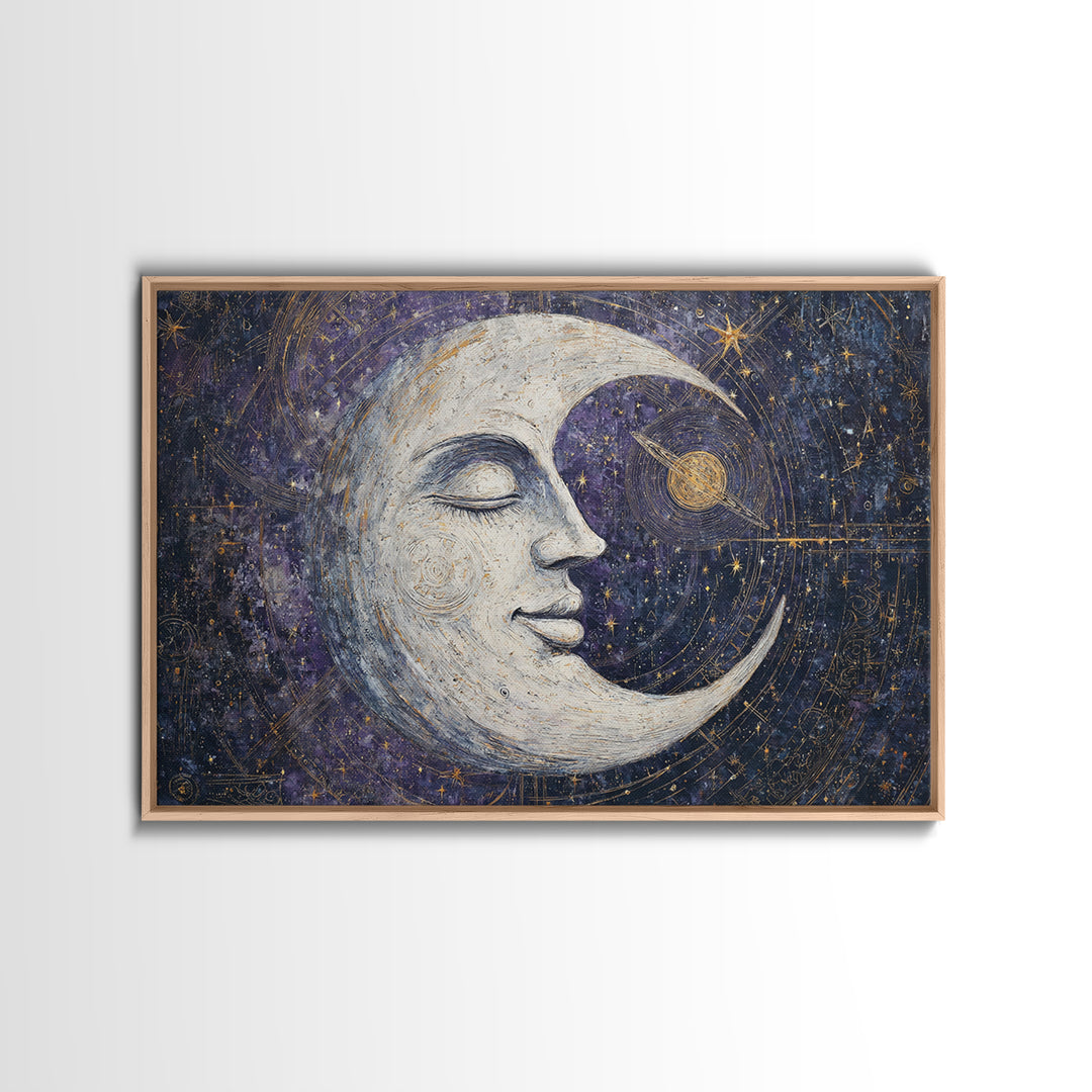 Moon with Sleeping Face and Dangling Stars Framed Canvas Print, Whimsical Art, Art Print, Living Room Decor, Fine Art, Wonder, WHI-3x2-92