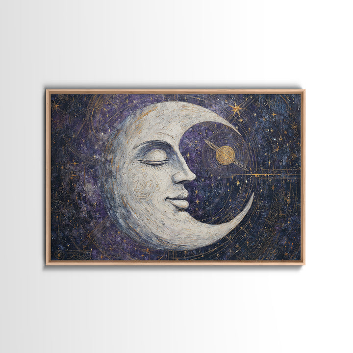 Moon with Sleeping Face and Dangling Stars Framed Canvas Print, Whimsical Art, Art Print, Living Room Decor, Fine Art, Wonder, WHI-3x2-92