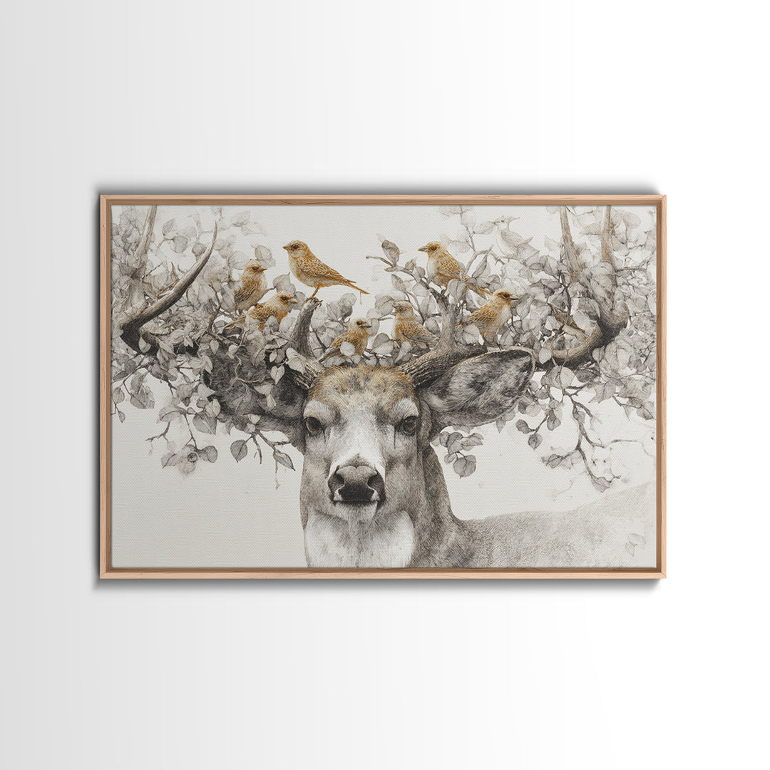 Deer with Antlers Full of Birds Framed Canvas Print, Whimsical Art, Original Art, Living Room Decor, Fine Art, Wonder, WHI-3x2-95