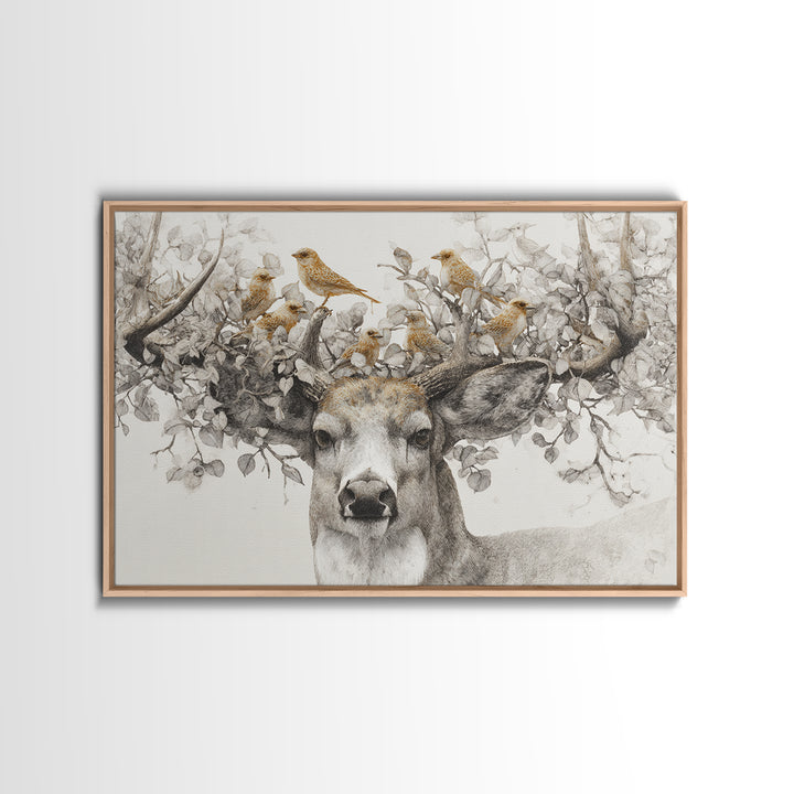 Deer with Antlers Full of Birds Framed Canvas Print, Whimsical Art, Original Art, Living Room Decor, Fine Art, Wonder, WHI-3x2-95
