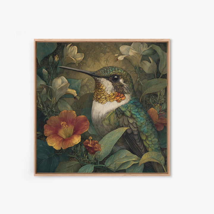 Hummingbird Beside Bright Flowers Framed Canvas Print, Wildlife Art, Canvas Print, Living Room Decor, Fine Art, Wild, WIL-1x1-16