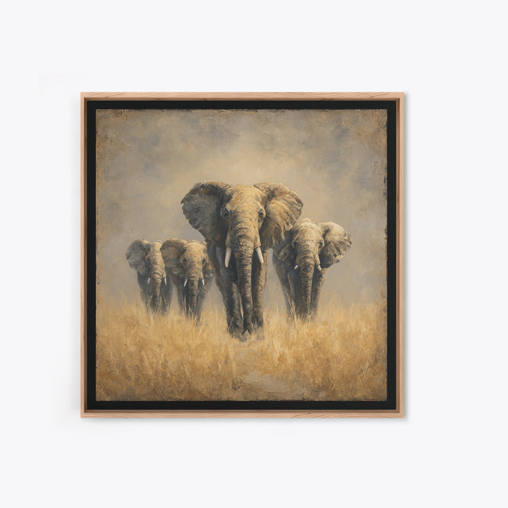 Elephant Herd Walking Through Dusty Sunset Framed Canvas Print, Wildlife Art, Bedroom Wall Art, Living Room Decor, Wild, WIL-1x1-2
