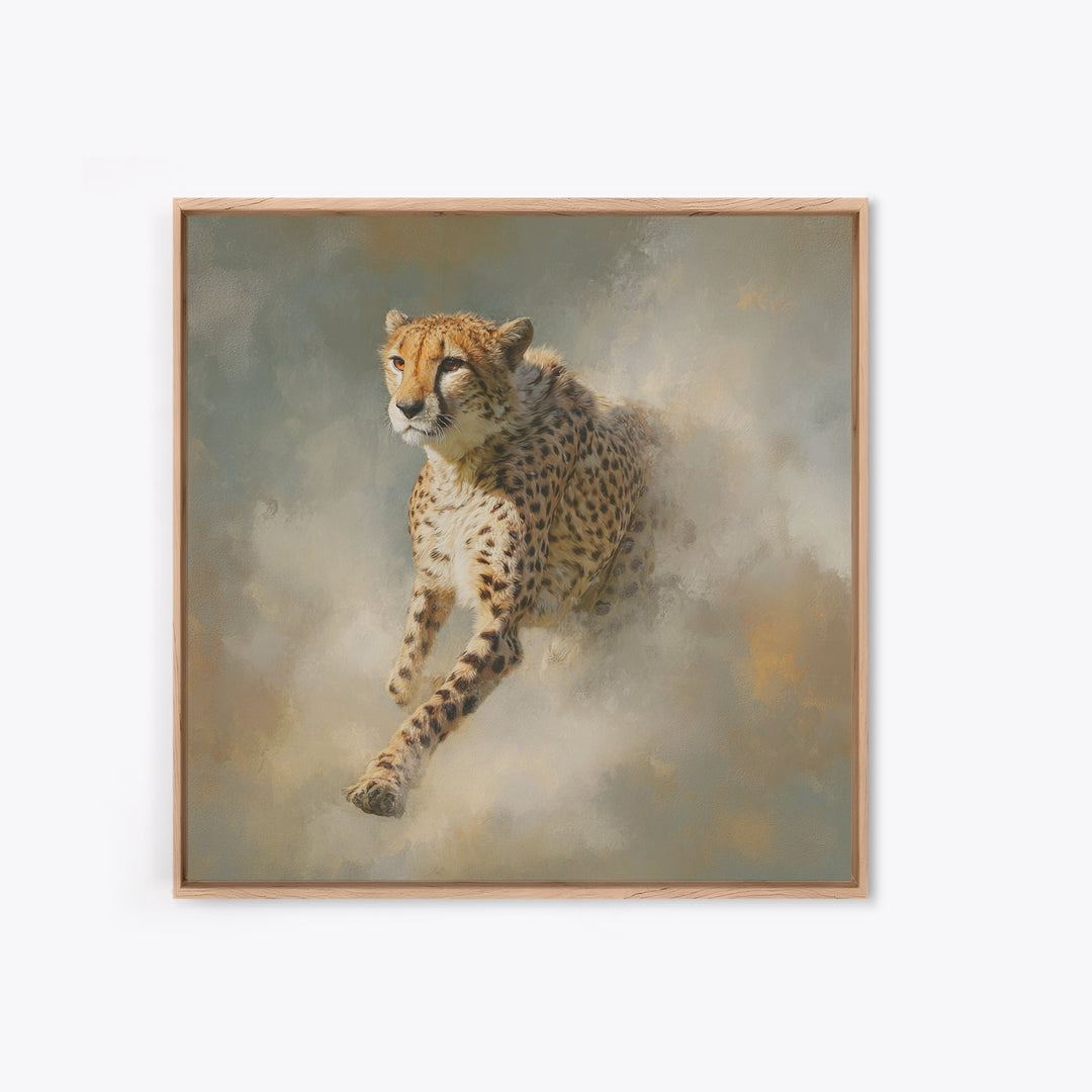Cheetah Running Through Warm Dust Framed Canvas Print, Wildlife Art, Nature Wall Art, Living Room Decor, Fine Art, Wild, WIL-1x1-21