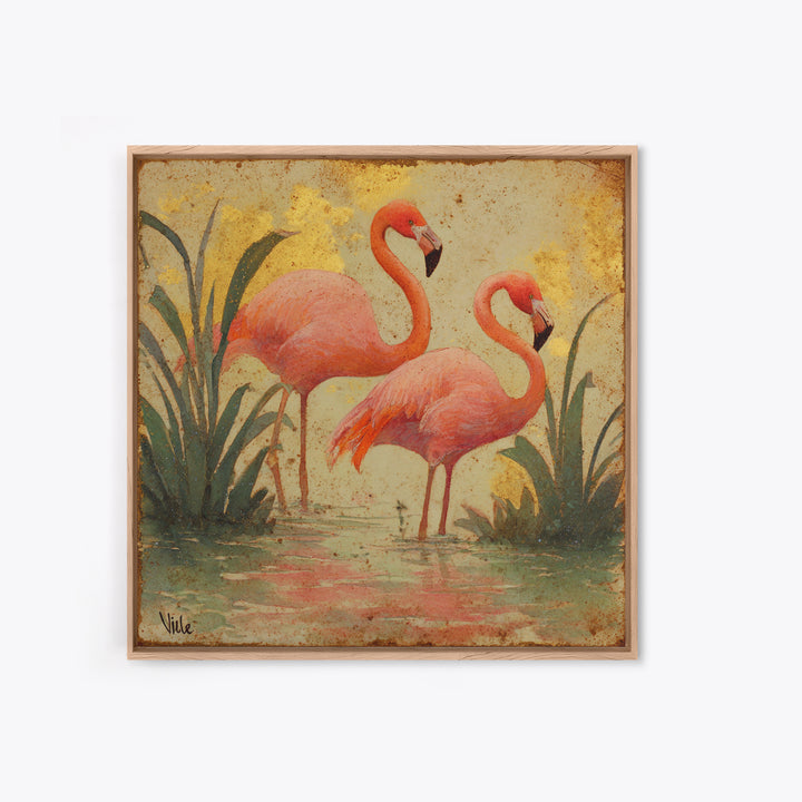 Flamingos in Pink Shallow Water Canvas Print, Wildlife Art, Bird Art, Living Room Decor, Oil Painting, Wild, Original Artwork, WIL-1x1-22