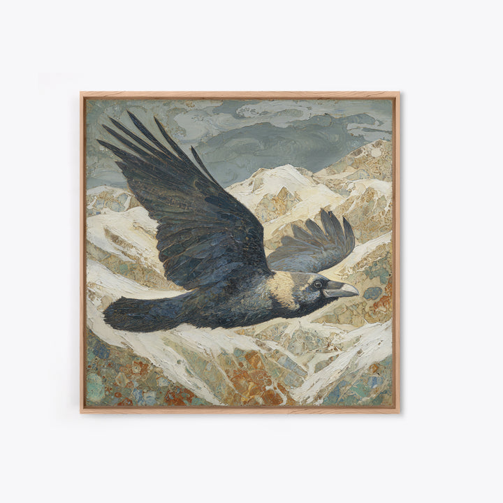 Raven Flying Through Snowy Mountains Framed Canvas Print, Wildlife Art, Living Room Art, Living Room Decor, Fine Art, Wild, WIL-1x1-24