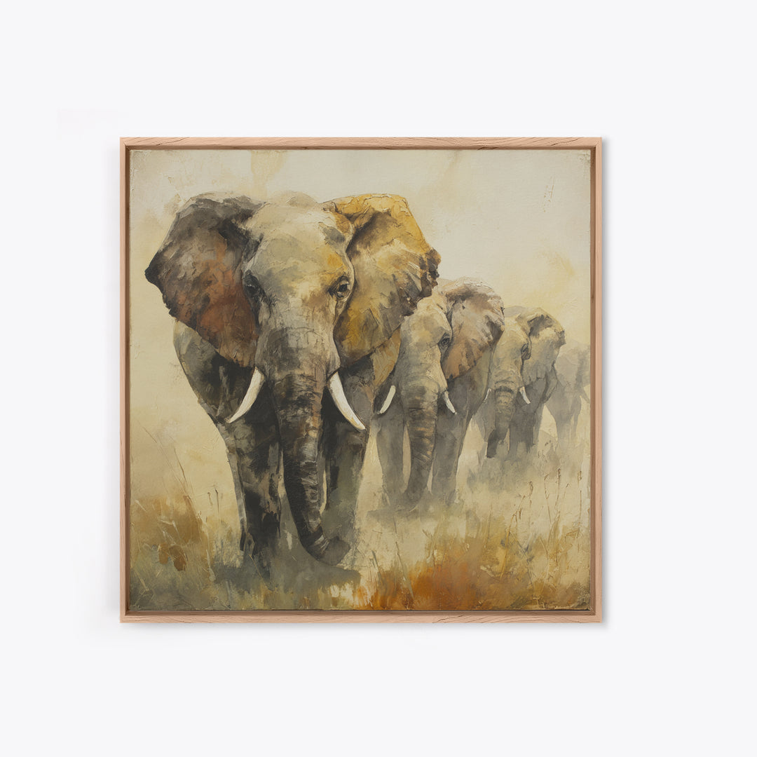Elephant Herd Walking Through Dusty Sunset Canvas Print, Wildlife Art, Canvas Painting, Living Room Decor, Fine Art, Wild, WIL-1x1-26