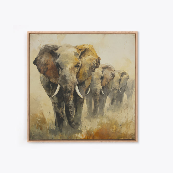 Elephant Herd Walking Through Dusty Sunset Canvas Print, Wildlife Art, Canvas Painting, Living Room Decor, Fine Art, Wild, WIL-1x1-26