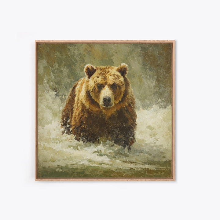 Bear Fishing in Rushing Mountain River Framed Canvas Print, Wildlife Art, Digital Wall Art, Living Room Decor, Fine Art, Wild, WIL-1x1-28
