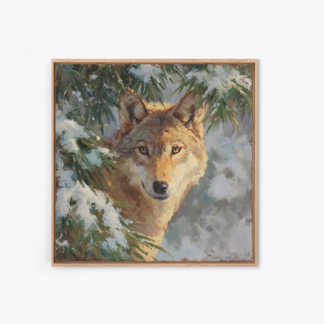 Wolf Standing Beneath Snowy Pine Trees Canvas Print, Wildlife Art, Canvas Wall Art, Living Room Decor, Abstract Art, Wild, WIL-1x1-3