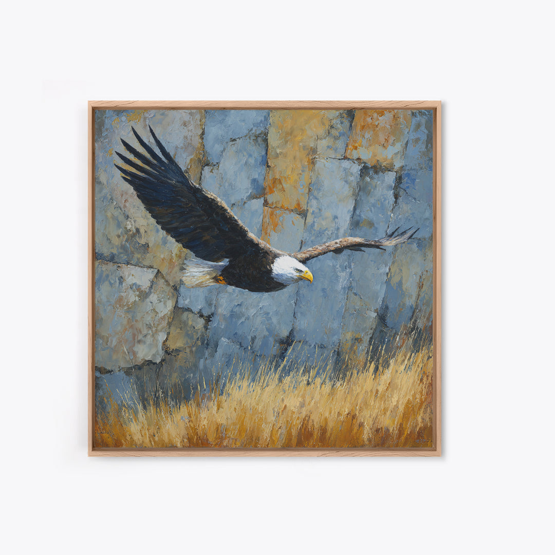 Eagle Soaring Above Rocky Cliffs Canvas Print, Wildlife Art, Bird Wall Art, Living Room Decor, Oil Painting, Wild, Luxury Decor, WIL-1x1-30