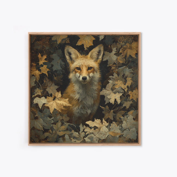 Fox in Autumn Forest Leaves Framed Canvas Print, Wildlife Art, Statement Artwork, Living Room Decor, Fine Art, Wild, Wall Decor, WIL-1x1-33