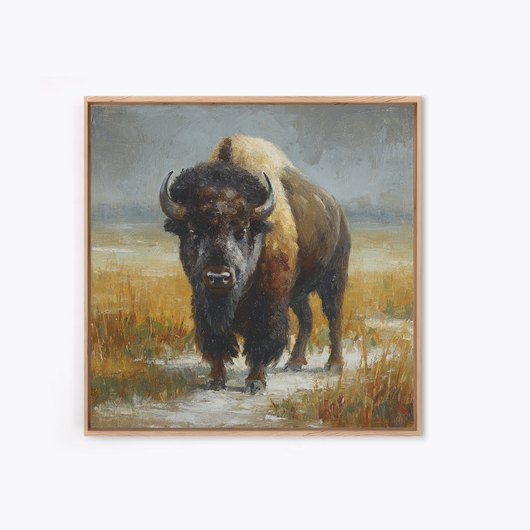 Bison on Wide Western Prairie Framed Canvas Print, Wildlife Art, Original Artwork, Living Room Decor, Oil Painting, Wild, WIL-1x1-37