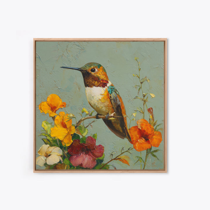 Hummingbird Beside Bright Flowers Framed Canvas Print, Wildlife Art, Art Print, Living Room Decor, Watercolor Art, Wild, WIL-1x1-40