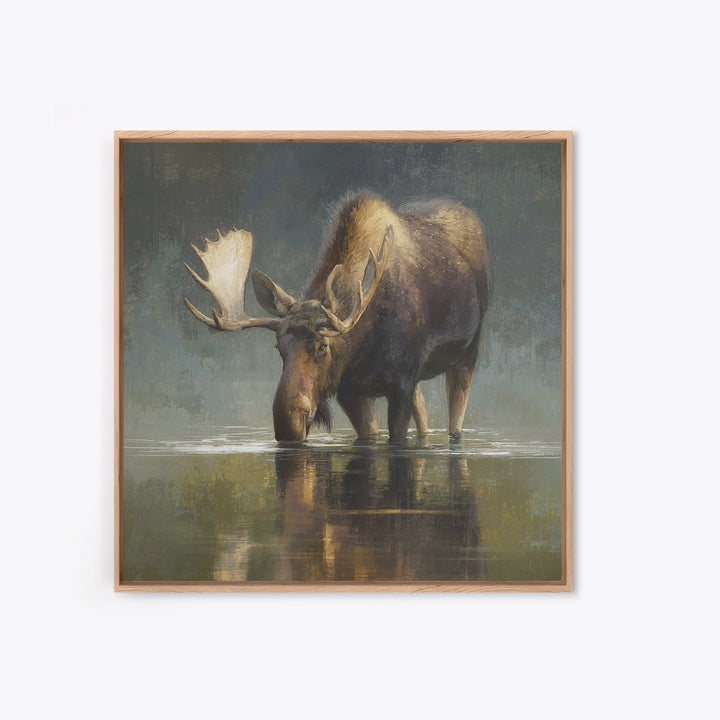 Moose Standing in Reflective Lake Framed Canvas Print, Wildlife Art, Modern Art, Living Room Decor, Wild, Neutral Decor, WIL-1x1-43
