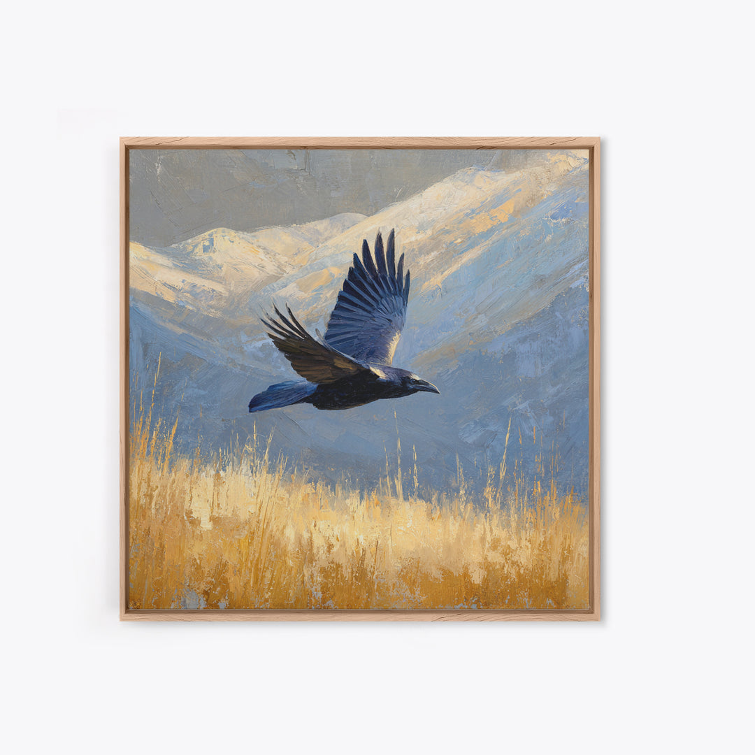 Raven Flying Through Snowy Mountains Framed Canvas Print, Wildlife Art, Art, Living Room Decor, Oil Painting, Wild, WIL-1x1-48