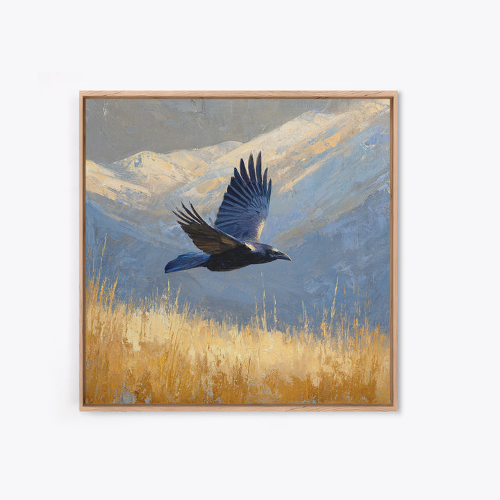 Raven Flying Through Snowy Mountains Framed Canvas Print, Wildlife Art, Art, Living Room Decor, Oil Painting, Wild, WIL-1x1-48